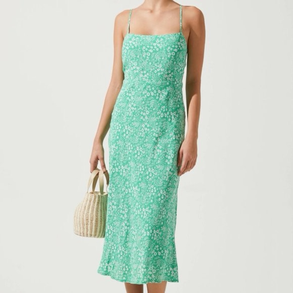 Astr Mint Green Floral Slip Midi Dress with Spaghetti Straps